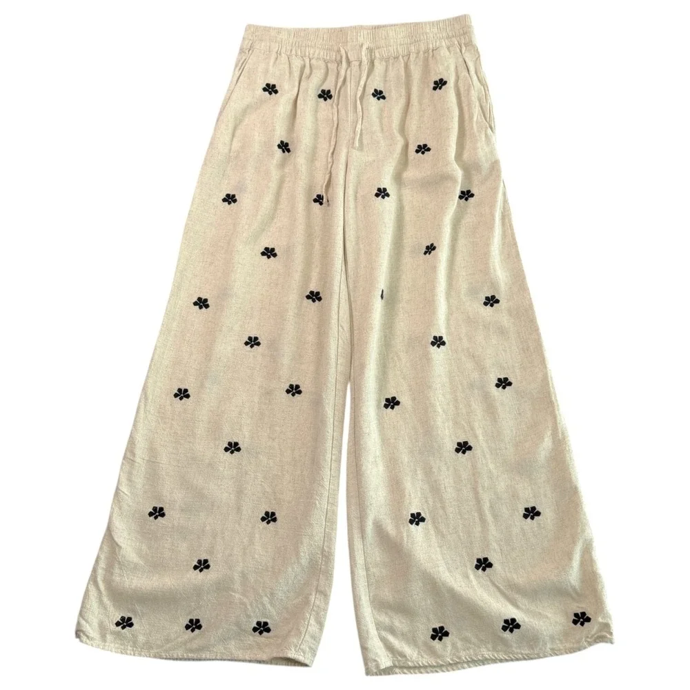 Miou Muse Womens Embroidered Linen Blend Wide Leg Pants Sz M Boho Coastal - Picture 2 of 8